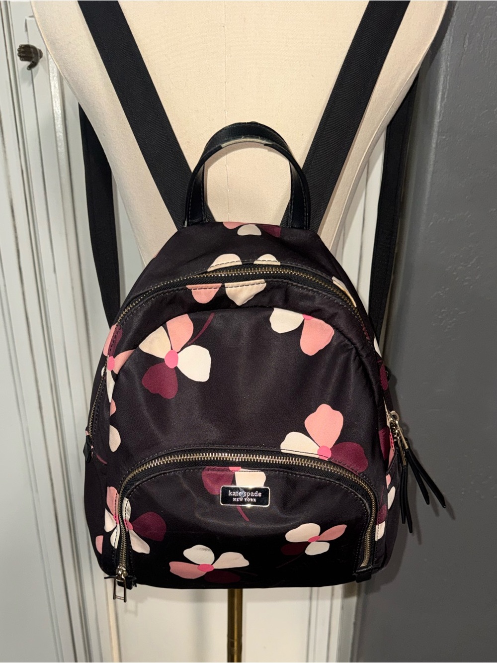 Kate Spade New York Dawn Dusk Buds Medium Nylon Backpack black floral pink